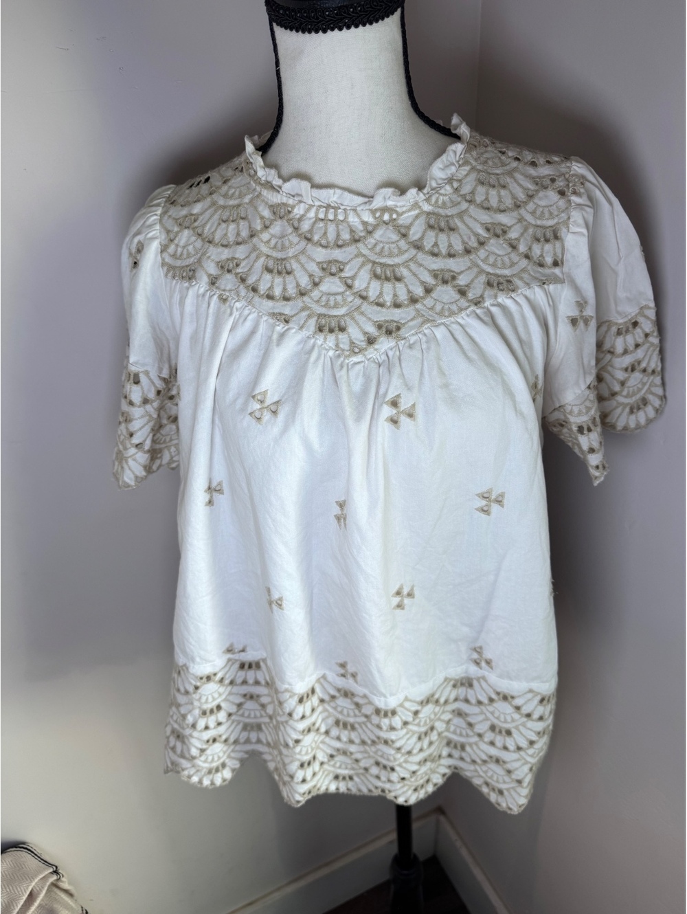 White Cotton Embroidered Eyelet Lace Boho Blouse Top Size S